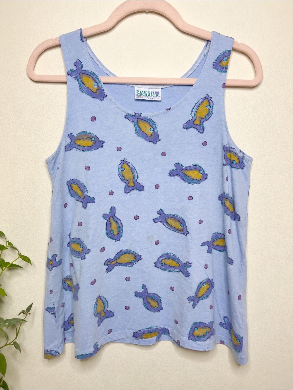vintage fresh produce pastel fish tank top size small made in usa fisherman euc